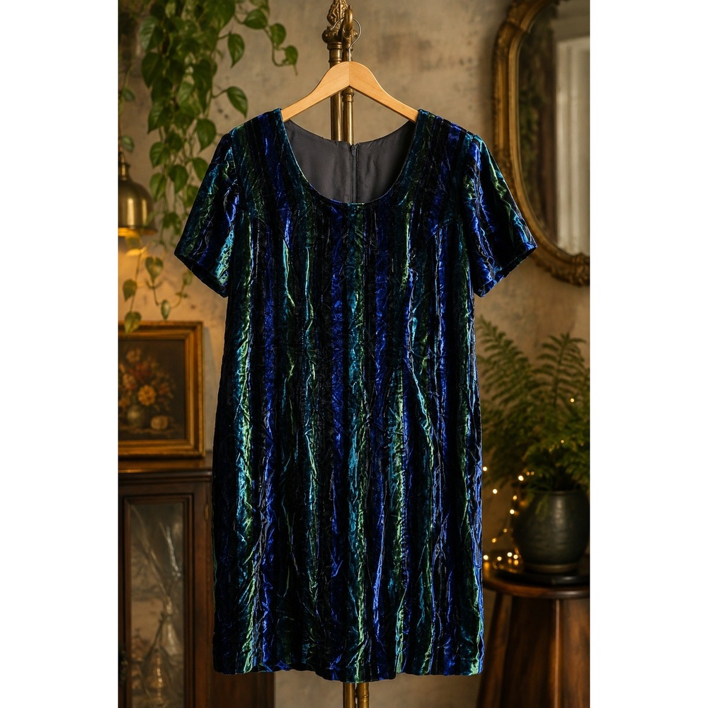 Vintage 90s Crushed Velvet Dress Jewel Tone Whimsigoth Shoulder Pads Size 16